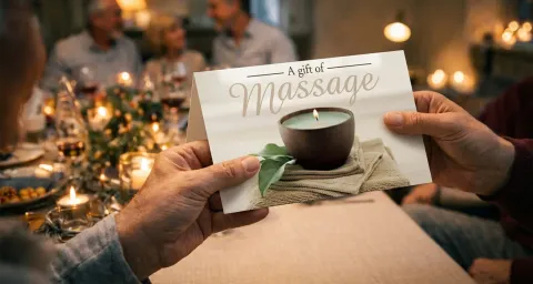An older couple exchanging a handwritten Home Spa gift certificate at a warm candlelit dinner