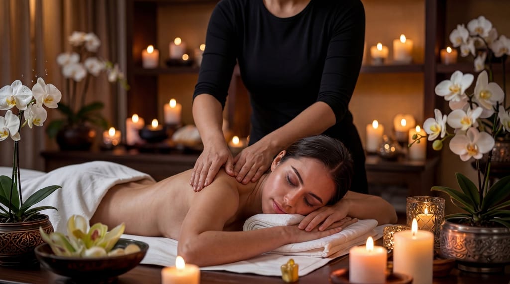 Warm, candle-lit spa interior at Home Spa in Latham, NY